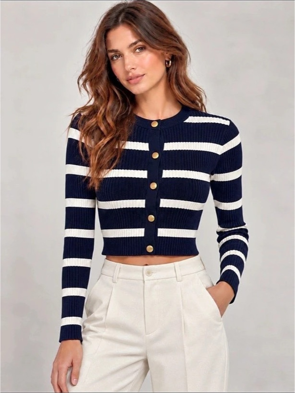 Zara Striped Knit Cardigan with Gold Buttons Navy & White, cropped, Size Medium